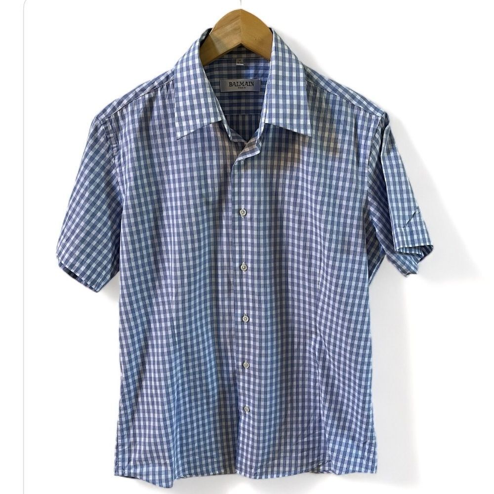 Balmain Paris Checkered Short Sleeve Button Down Shirt in Blue and White M